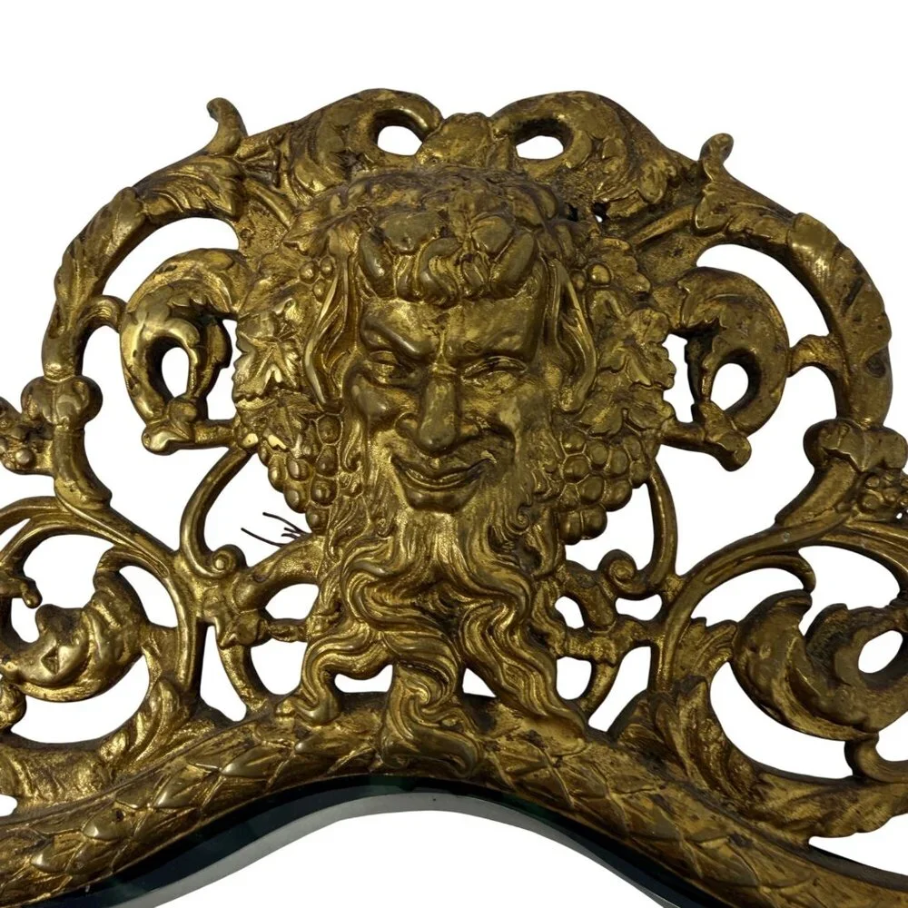 1800s Antique Victorian Bacchus Gilded Brass Wall Mirror Beveled Glass